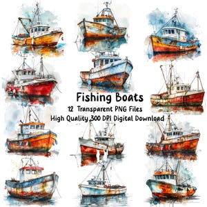 Lot de cliparts aquarelles de bateaux de pêche, images de style rétro, cartes de voeux, scrapbooking, journaux intimes, invitations, usage commercial