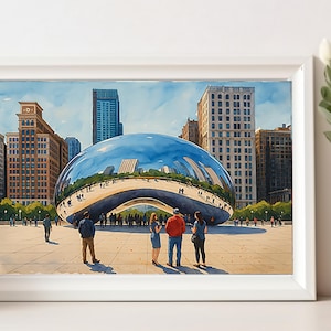 May include: Watercolor painting of a cityscape featuring a large, reflective, bean-shaped sculpture. The artwork is framed in white and depicts people in front of the sculpture, with tall buildings in the background. A vase with white flowers is on the right.