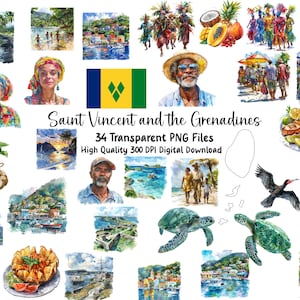 May include: A collection of watercolor illustrations featuring scenes from Saint Vincent and the Grenadines. The images include people, landscapes, food, and the national flag. The text reads "Saint Vincent and the Grenadines" and "34 Transparent PNG Files".