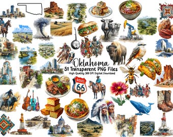 Oklahoma Clipart Bundle: Symbole des Bundesstaates, Sehenswürdigkeiten, Kultur (PNG Digital Download)