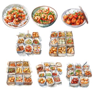 Puede incluir: Una ilustraci&oacute;n acuarela de varios platos chinos para llevar, incluyendo camarones, alb&oacute;ndigas, rollitos de primavera y arroz frito. Los platos est&aacute;n dispuestos en una variedad de recipientes, incluyendo cuencos, platos y cajas para llevar.