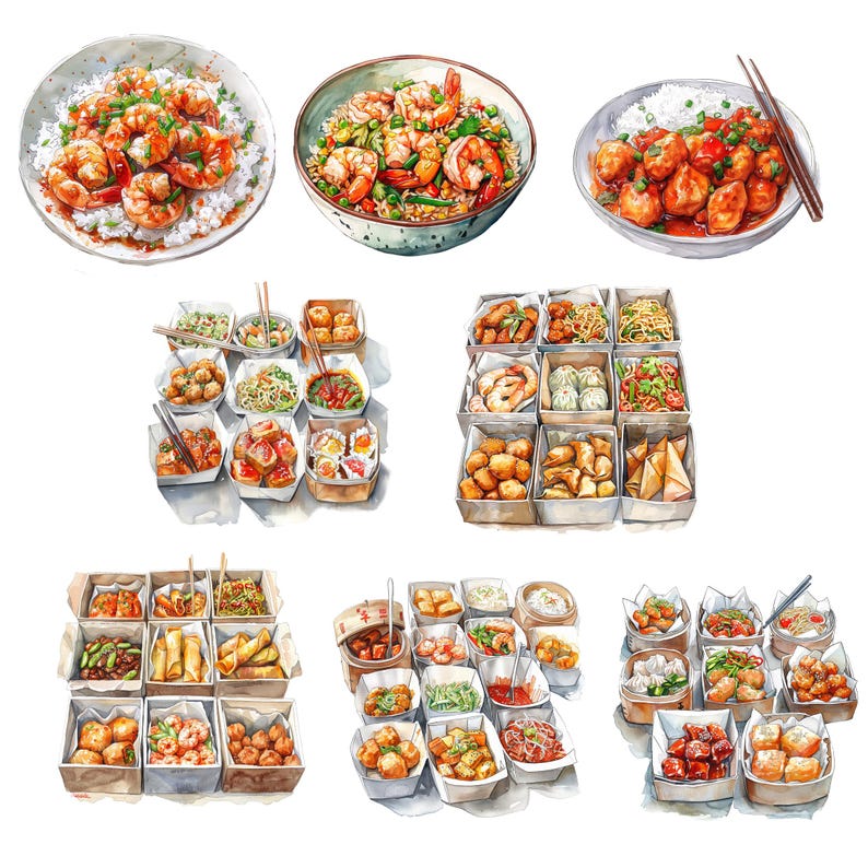 Puede incluir: Una ilustraci&oacute;n acuarela de varios platos chinos para llevar, incluyendo camarones, alb&oacute;ndigas, rollitos de primavera y arroz frito. Los platos est&aacute;n dispuestos en una variedad de recipientes, incluyendo cuencos, platos y cajas para llevar.