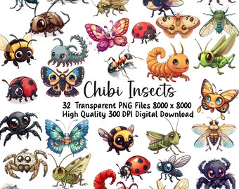 Chibi Insect Clipart Bundle, Bug Clipart Collection, Commercial Use, PNG, Instant Download