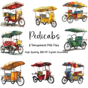 Puede incluir: Ocho ilustraciones de acuarela de coloridos triciclos, un tipo de rickshaw de tres ruedas, con toldos. Los triciclos están dibujados en una variedad de colores, incluyendo rojo, amarillo, verde y azul.