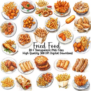 Clipartbundel gefrituurd eten, aquarel menu-clipart, planner afdrukbare afbeeldingen, png, commercieel gebruik