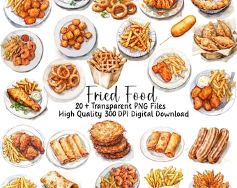 Paquete de imágenes prediseñadas de comida frita, imágenes prediseñadas de menú en acuarela, gráficos imprimibles para planificadores, PNG, uso comercial
