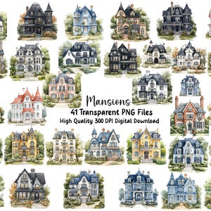 Clipart maison familiale, maisons fantaisistes, grandes maisons, journal indésirable, autocollants, invitations, cartes de voeux, PNG, téléchargement immédiat