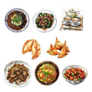 Puede incluir: Una ilustraci&oacute;n acuarela de una variedad de platos de comida china, incluyendo empanadillas fritas, galletas de la fortuna, carne de res salteada con br&oacute;coli, arroz frito y pollo kung pao. La ilustraci&oacute;n tambi&eacute;n incluye una tetera y dos tazas de t&eacute;.