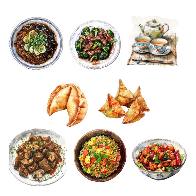 Puede incluir: Una ilustraci&oacute;n acuarela de una variedad de platos de comida china, incluyendo empanadillas fritas, galletas de la fortuna, carne de res salteada con br&oacute;coli, arroz frito y pollo kung pao. La ilustraci&oacute;n tambi&eacute;n incluye una tetera y dos tazas de t&eacute;.