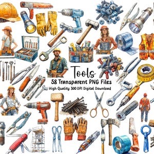 Clipart outils, équipement pour la construction, construction, scrapbooking, journaux, faire-part, fabrication de cartes, fichiers PNG transparents