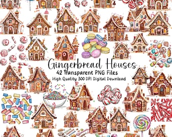 May include: A collection of watercolor gingerbread houses, candies, and sweets. The image includes various gingerbread house designs, lollipops, and candies. Text reads "Gingerbread Houses 42 Transparent PNG Files High Quality 300 DPI Digital Download."