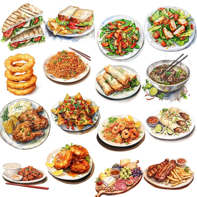 以下が含まれることがあります： 水彩画で描かれた様々な料理のイラスト。鶏肉と野菜のサラダ、春巻き、スープ、フライドチキン、ナチョス、チャーハン、オニオンリング、フライドフィッシュ、フライドポテト、パスタなどがあります。