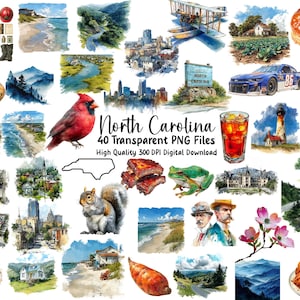 以下が含まれることがあります： ノースカロライナ州をテーマにした水彩イラストのコレクション。カーディナル、州の輪郭、風景、食べ物、歴史上の人物の画像が含まれています。テキストは「North Carolina 40 Transparent PNG Files High Quality 300 DPI Digital Download」と表示されています。