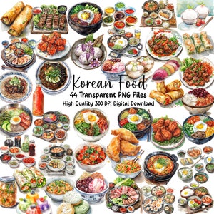 Clipart cuisine coréenne - aquarelle coréenne, art de la cuisine, Bibimbap, Bulgogi, fichiers PNG transparents, usage Commercial