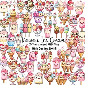 Clipart di gelato kawaii, 55 grafiche carine di gelato, bundle di PNG kawaii, adorabili adesivi stampabili, uso commerciale, download immediato