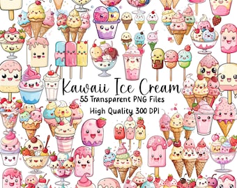 Kawaii Ice Cream Clipart, 55 PNG Graphics (Commercial Use, Instant Download)