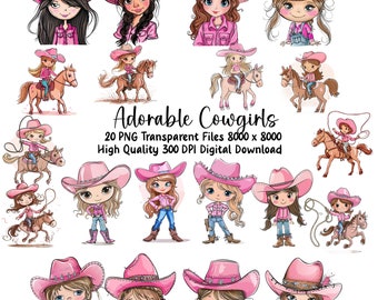 Pink Cowgirls Clipart Bundle, Cute Cowgirl Images on Horses, Whimsical Pink Cowgirl Clipart Set, Instant Download, Commercial Use