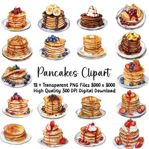Paquete de imágenes prediseñadas de panqueques en acuarela: Desayuno PNG (uso comercial)