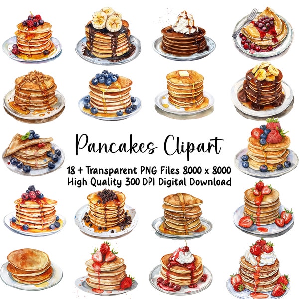 Watercolor Pancake Clipart Bundle, Breakfast Treats, Pancake PNG, Strawberries and Whipped Cream, Instant Download, Commercial Use