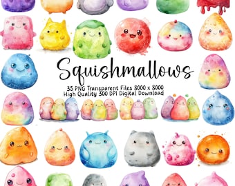 May include: 35 digital illustrations of colourful, cartoon-like squishmallows. Each squishmallow has a different shape, colour, and expression. The squishmallows are all smiling and have big eyes. The illustrations are in a watercolour style.