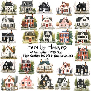 Clipart di case familiari, case fantasiose, diario di viaggio, adesivi, inviti, biglietti d'auguri, uso commerciale, PNG, download immediato