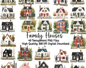 Watercolor Family Houses Clipart: Whimsical Home PNGs (Digital Download)