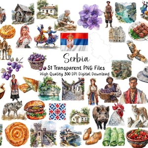 May include: Watercolor illustrations of Serbian culture, including traditional clothing, food, architecture, and the Serbian flag. The image includes the text "Serbia" and "51 Transparent PNG Files".