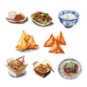 Puede incluir: Una variedad de platos chinos para llevar, que incluyen alb&oacute;ndigas fritas, arroz, fideos y verduras y carne salteadas. Los platos est&aacute;n dispuestos sobre un fondo blanco.