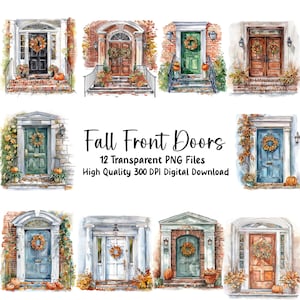 Clipart automne sur la porte d'entrée, décoration automne, automne, faire-parts, journaux indésirables, fichiers PNG, façade de maison, couronnes de porte, usage commercial