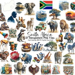 South Africa Clipart Bundle: Safari Animals, Cape Town, Zulu Art (PNG Digital)