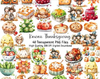 May include: A collection of watercolor illustrations featuring kawaii Thanksgiving-themed food and characters. The image includes pumpkins, pies, turkey, and other festive elements. Text reads "Kawaii Thanksgiving" and details about the PNG files.