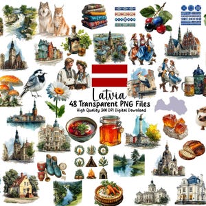 Puede incluir: Una colección de ilustraciones en acuarela que presentan elementos culturales letones. Incluye imágenes de castillos, ropa tradicional, animales, comida y paisajes. También está presente el texto "Latvia" y "48 Transparent PNG Files".