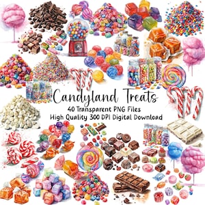 Clipart Candyland, graphiques de bonbons, friandises, art du journal indésirable, décoration de fête, carte de voeux, faire-part, téléchargement immédiat, usage commercial