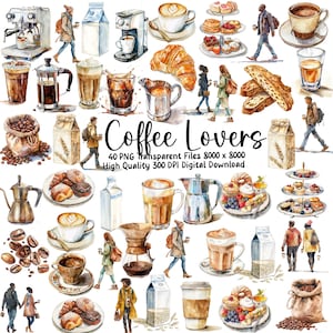 May include: A digital download of 40 watercolor illustrations of coffee-themed items, including coffee cups, coffee beans, pastries, and people enjoying coffee. The illustrations are in a light and whimsical style, perfect for adding a touch of charm to your projects.