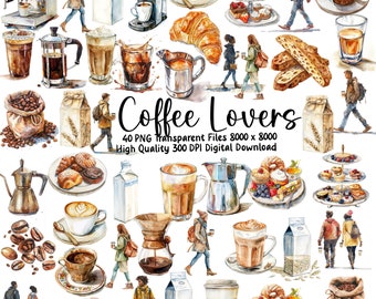 May include: A digital download of 40 watercolor illustrations of coffee-themed items, including coffee cups, coffee beans, pastries, and people enjoying coffee. The illustrations are in a light and whimsical style, perfect for adding a touch of charm to your projects.