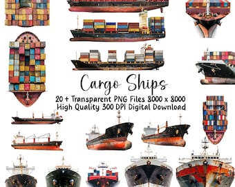 Cargo Ship Clipart, Container Ships, Commercial Boat Clipart, PNG files, Instant Download