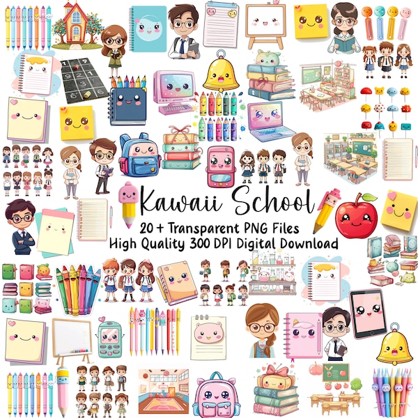 Kawaii School Clipart, Adorable Classroom Graphics, Cute Kawaii Kids, PNG, Commercial Use