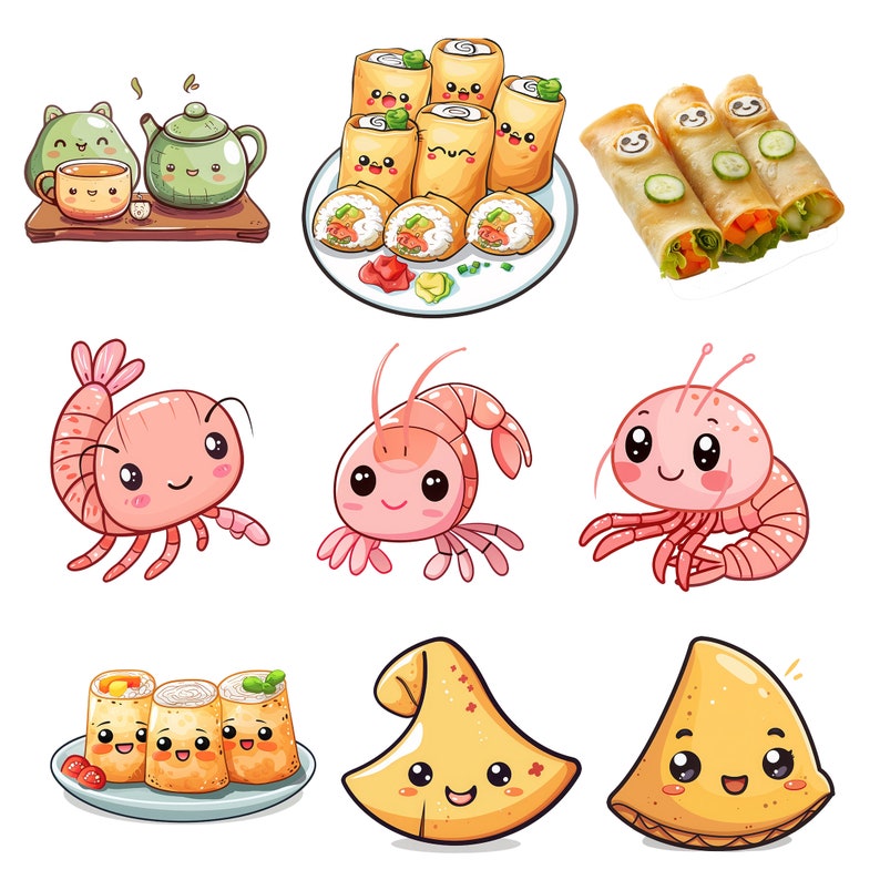May include: A set of cute cartoon illustrations featuring various food items, including shrimp, spring rolls, and dumplings. The illustrations are in a bright and colorful style, with each item having a friendly face.