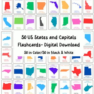 Op de afbeelding: Een kleurrijk schema met de namen van alle 50 Amerikaanse staten en hun hoofdsteden. Elke staat wordt weergegeven door een kleurrijke omtrek van zijn vorm. Het schema is getiteld "50 Amerikaanse staten en hoofdsteden Flitskaarten - Digitale download 50 in kleur/50 in zwart-wit".