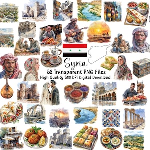 Puede incluir: Una colección de 52 archivos PNG transparentes con ilustraciones en acuarela de la cultura siria. Las imágenes incluyen personas, comida, arquitectura y paisajes, con la palabra "Syria" y la bandera siria.
