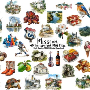 May include: Watercolor illustrations of Missouri landmarks and symbols, including the Gateway Arch, Route 66 sign, a bluebird, and a baseball player. The image also features the text "Missouri" and "40 Transparent PNG Files".