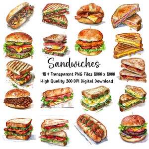 Aquarell Sandwiches PNG Bundle, Frühstück PNG digitaler Download, kommerzielle Nutzung Sandwich Clipart Bäckerei PNG Sandwich Illustration Scrapbook