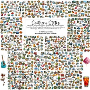 Puede incluir: Un gráfico de descarga digital con 701 archivos PNG transparentes. La imagen muestra ilustraciones que representan los estados del sur, incluidos Delaware, Maryland y Virginia. La descarga es de alta calidad a 300 DPI.