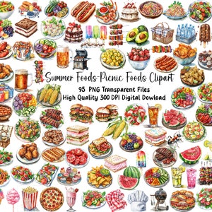 Aquarel zomervoedsel clipart, picknick eten clipart, png, commercieel gebruik, Instant Download