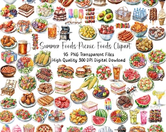 水彩夏の食べ物のクリップアート、ピクニックの食べ物のクリップアート、PNG、商用利用、即時ダウンロード