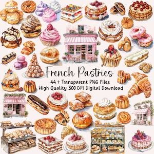 Clipart de aquarela de doces franceses, clipart de confeitaria, doces gourmet, PNG, uso comercial