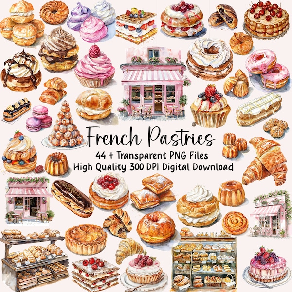 French Pastries Watercolor Clipart, Patisserie Clipart, Gourmet Pastry, PNG, Commerical Use