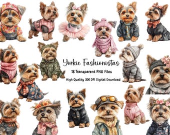 May include: A set of 18 digital illustrations of Yorkshire Terriers in various outfits. The Yorkies are depicted in a variety of poses and wearing different accessories, including hats, scarves, and bows. The illustrations are in a watercolor style and are perfect for use in digital scrapbooking, card making, and other creative projects.