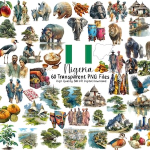 Akvarell Nigeria Clipart-paket: Afrikansk kultur, mat, djurliv (PNG direktnedladdning)