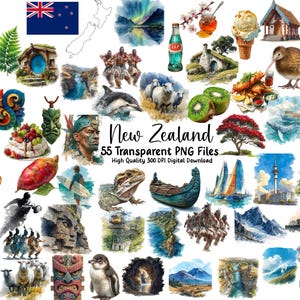 Könnte beinhalten: Eine Sammlung von 55 transparenten PNG-Dateien mit Aquarellillustrationen von Neuseeland. Die Bilder zeigen die neuseeländische Flagge, Landschaften, einheimische Tiere, Maori-Kunst und Wahrzeichen. Der Text "New Zealand" ist zu sehen.